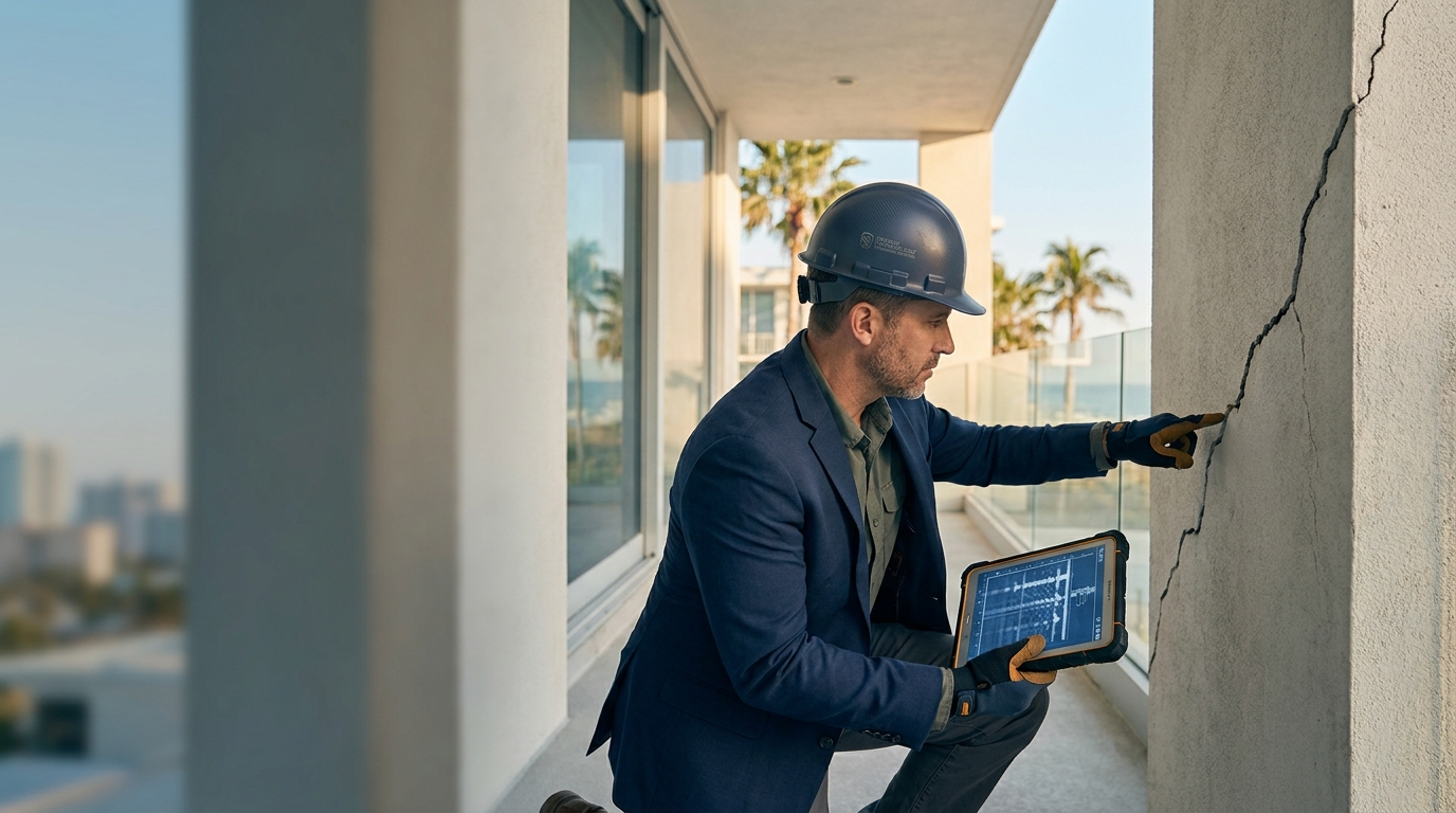 Forensic structural engineer inspecting a building defect with a ground-penetrating-radar scan